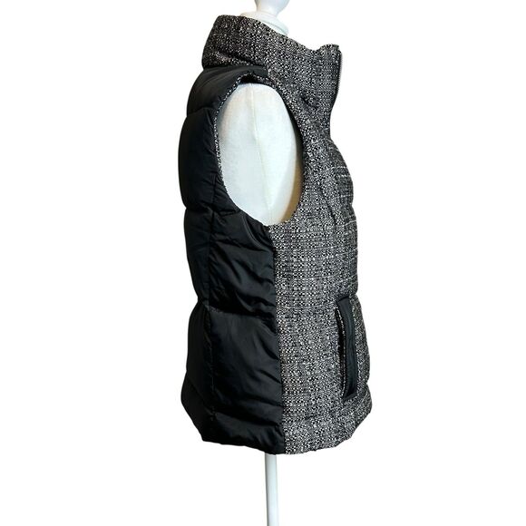 Talbots Down Filled Puffer Quilted Vest SMALL Black White Tweed Fabric Front - Picture 4 of 12